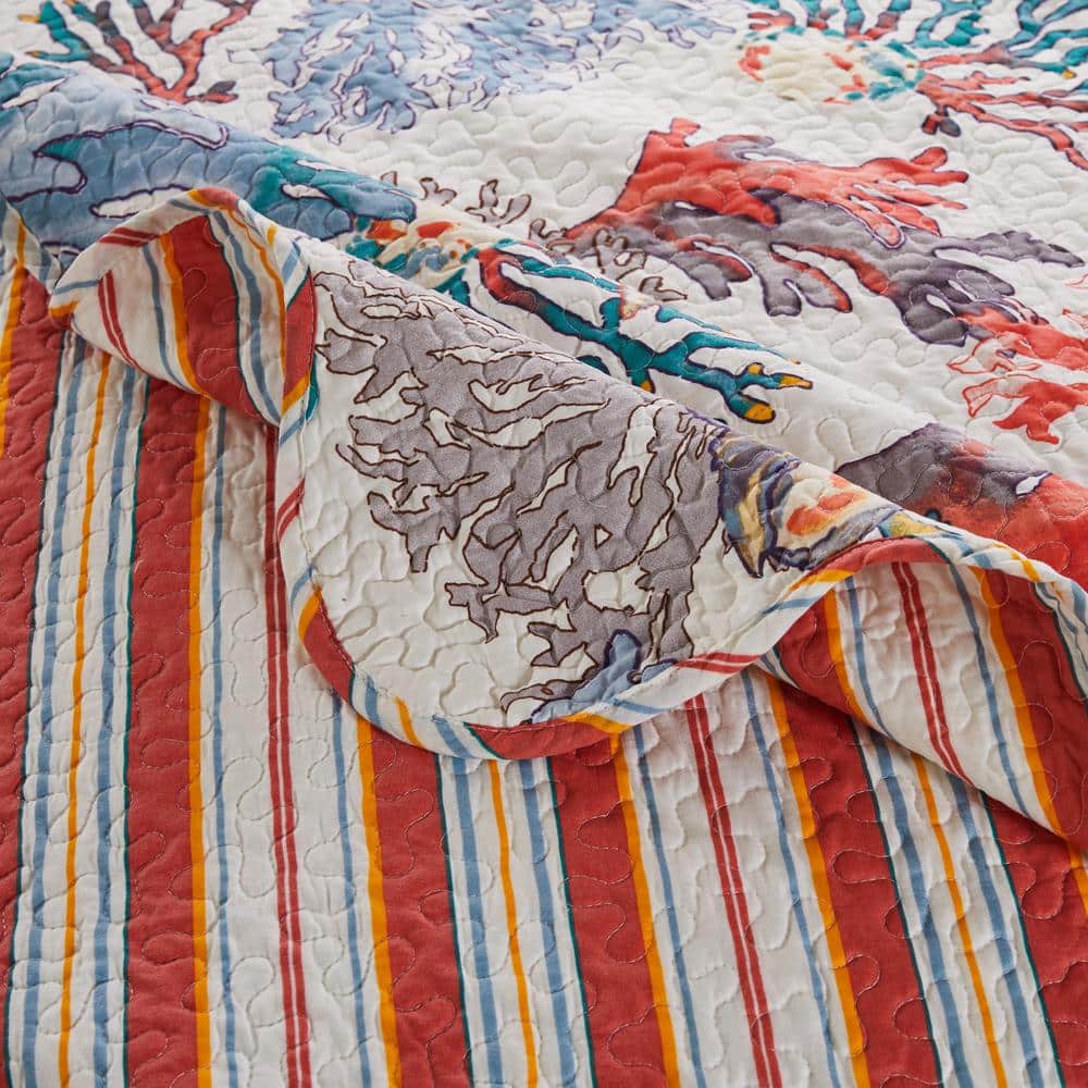 Atlantis Coral and Stripe Reversible Quilted Throw