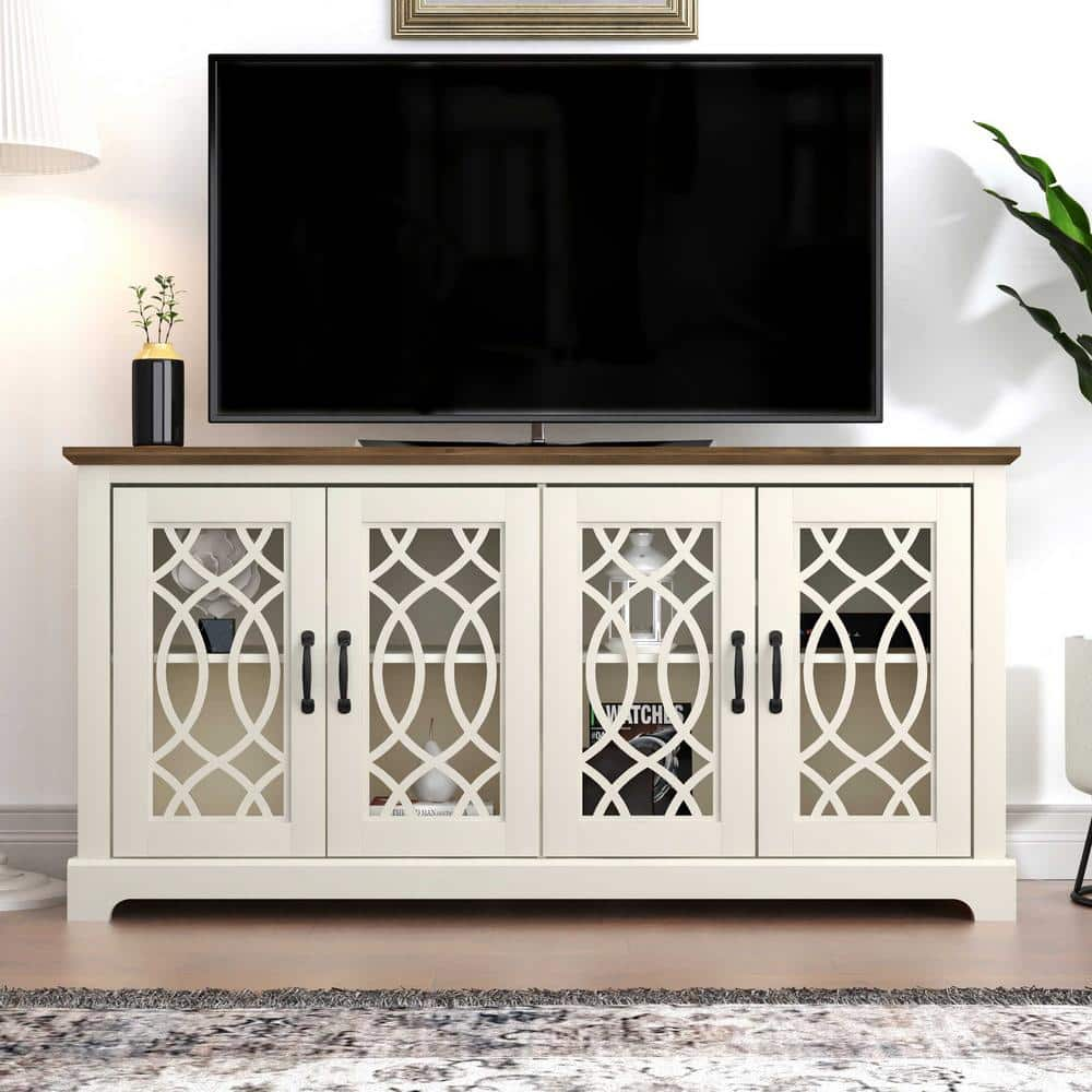 GALANO Raccon 59.1 In. Ivory With Knotty Oak TV Stand Fits TV's Up To ...