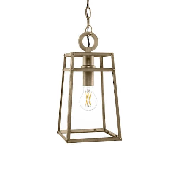 Hampton Bay Grantsdale 14.69 in. 1-Light Vintage Brass Hanging Outdoor Pendant Light with Clear Glass and No Bulbs Included