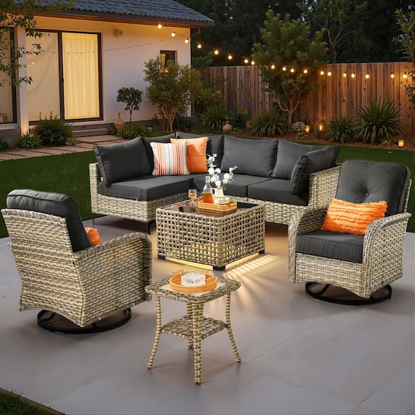 Melly Gray 8-Piece Wicker Patio Conversation Set with Black Cushions and Swivel Chairs