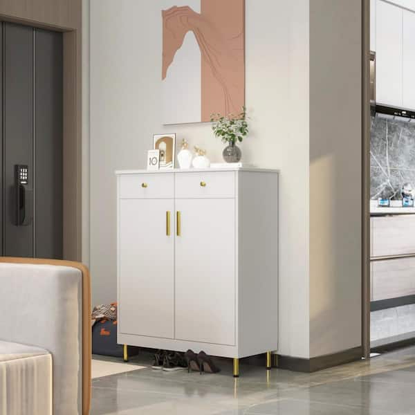 FUFU&GAGA White Wooden Shoes Storage Cabinet with Adjustable Shelves and 2 Drawers, 31.5 in. W x 39.4 in. H