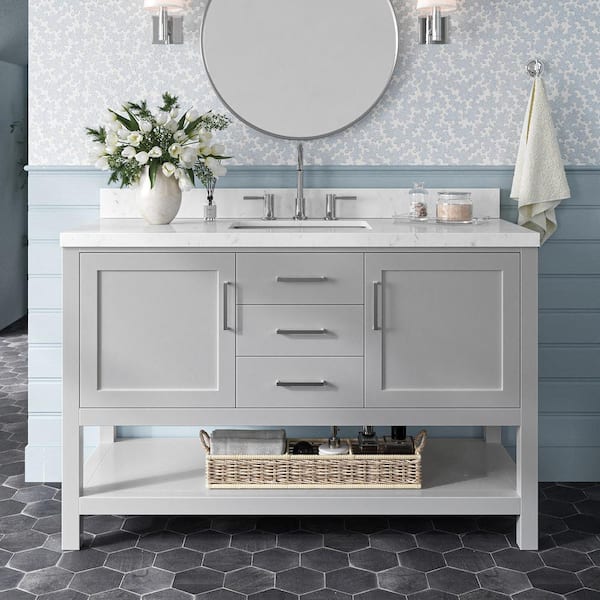 ARIEL Bayhill 54.25 in. W x 22 in. D x 36 in. H Single Sink Freestanding Bath Vanity in Grey with Man-Made Stone Top