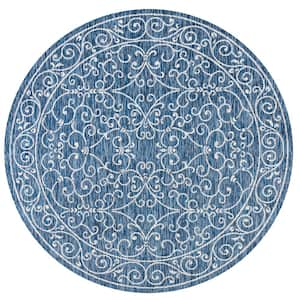 Charleston Vintage Filigree Textured Weave Navy/Gray 5 ft. Round Indoor/Outdoor Area Rug