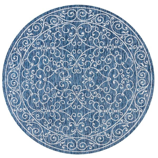 Charleston Vintage Filigree Textured Weave Navy/Gray 5 ft. Round Indoor/Outdoor Area Rug