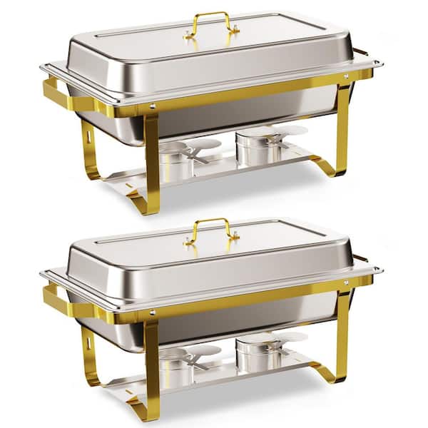 Anqtovp 8 qt. Gold and Silver 304 Stainless Steel Chafing Dish Buffet Set with Rolled Edge Design Superior Insulation 2 Pack