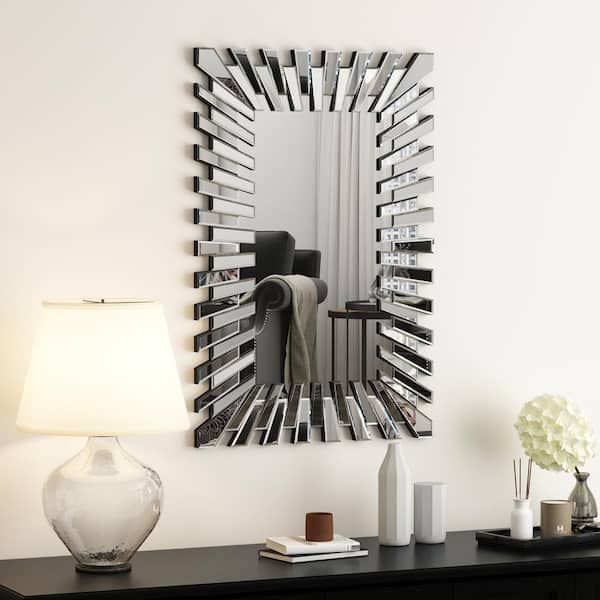 shyfoy 26 in. W x 39.4 in. H Oversize Starburst Wall Mirror Decorative Mirror for Wall Decor Accent Mirror 3D Silver Mirror SF WM030 The Home Depot