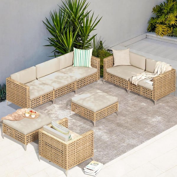 Unbranded 7-Piece Wicker Outdoor Sofa Sectional Set Patio Seating Sets with Khaki Cushions and Footstool