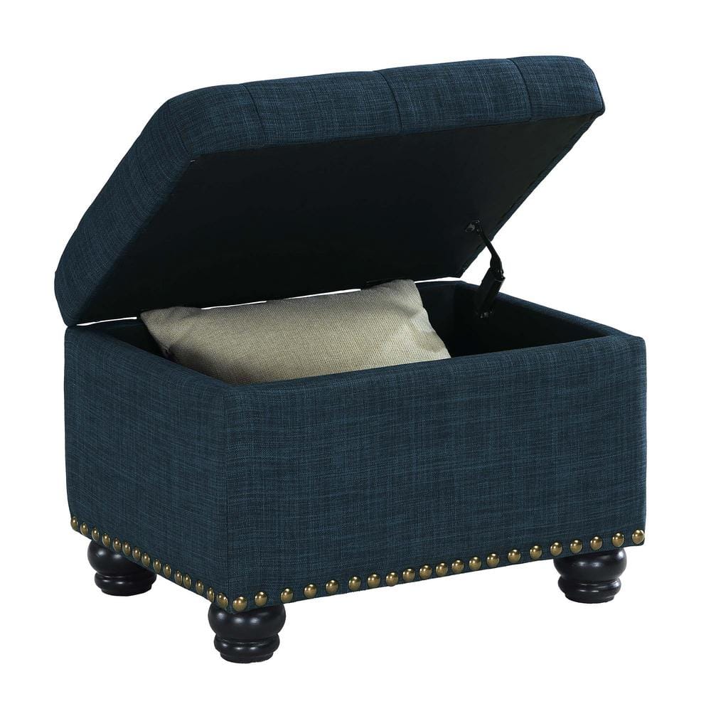 Elegant Dark Blue Tufted Storage Ottoman with Antique Nailhead Trim
