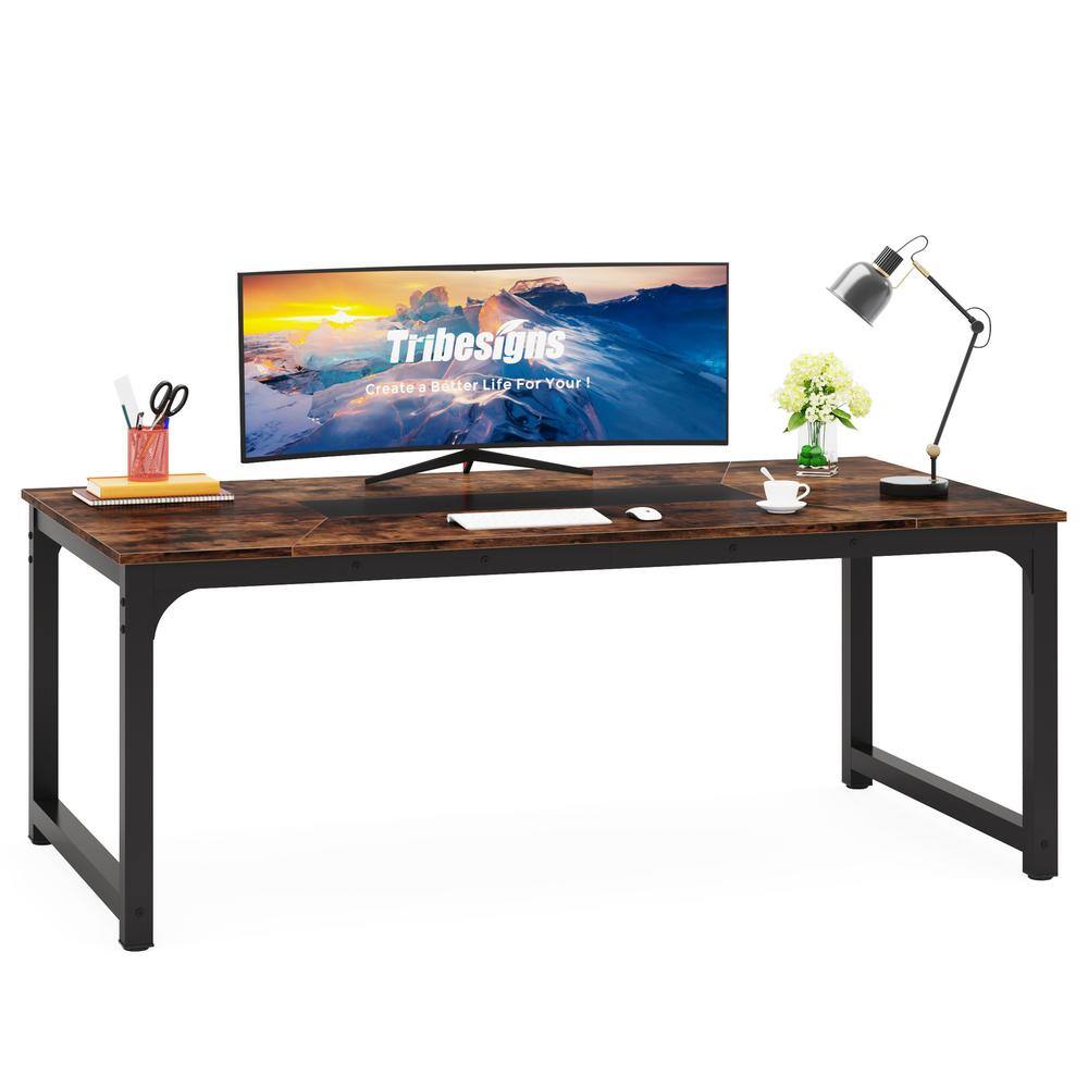 78.7 in. Rectangular Brown and Black Engineered Wood Large Computer Desk Study Writing Table for Home Office - Thumbnail 4