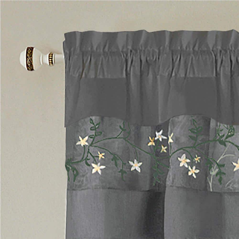 Gray Faux Silk Floral Embroidered 5-Piece Window Curtain Set