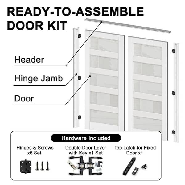 72 in. x 80 in. Universal 5-Lite Frosted Glass White Solid Core Wood Double Prehung French Door with Quick Assemble Jamb