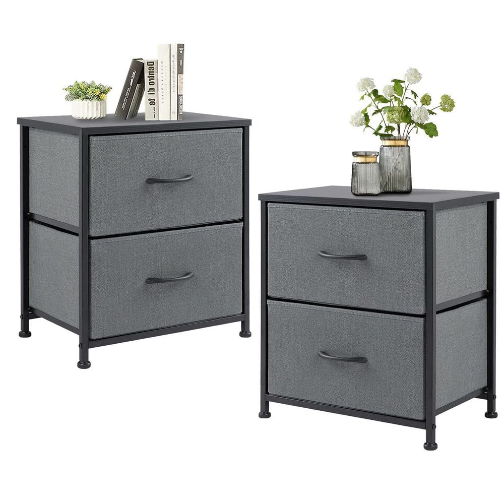 Gray and Black Metal Frame Nightstand Set with MDF Top, 2 Fabric Drawers