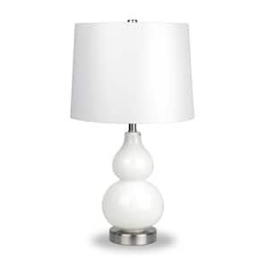Katrina 21 in. White Glass and Satin Nickel Petite Table Lamp with Fabric Shade