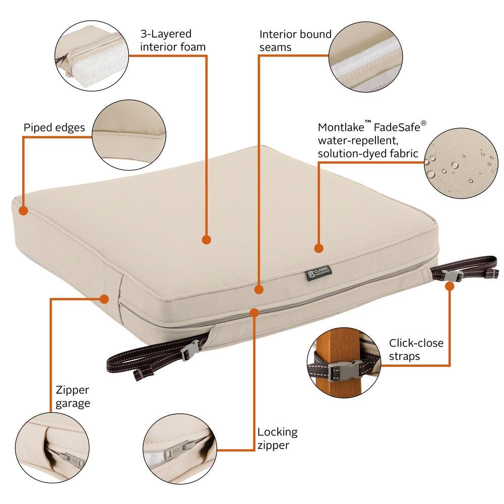 Antique Beige Water-Resistant Patio Dining Seat Cushion, 17 x 17 x 3 inch