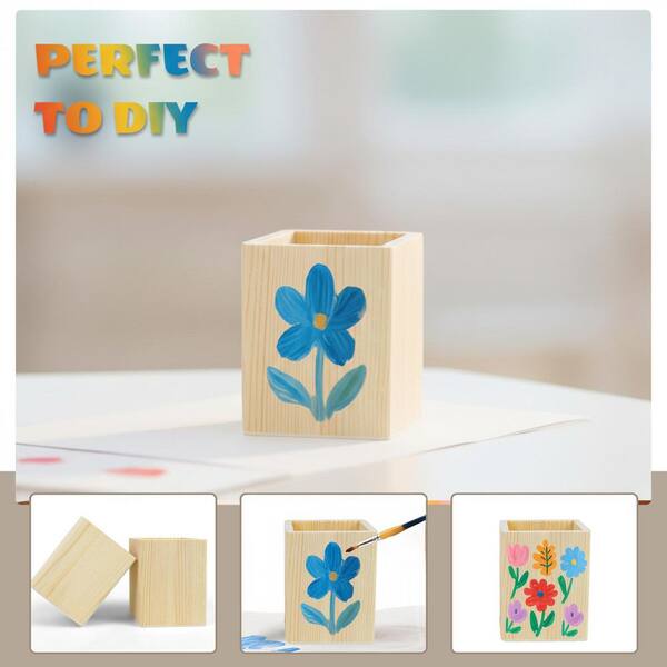6-Pack Unfinished Pine Wood Pencil Holder Set Square Natural Wood