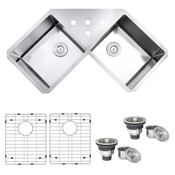 Gravena 44 in. Undermount Corner Butterfly Double Bowl 16-Gauge Stainless Steel Kitchen Sink