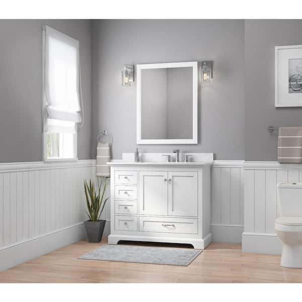 Home Decorators Collection Bluestern 42 in W x 20 in D x 34 in H Single Sink Freestanding Vanity in White w/ Veined White Engineered Stone Top