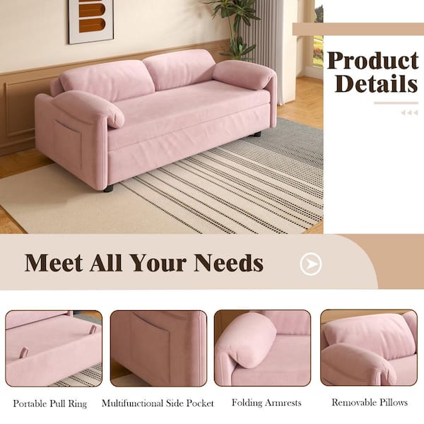 Z-joyee 54 in. Pink Velvet Twin Size Retractable Sofa Bed P