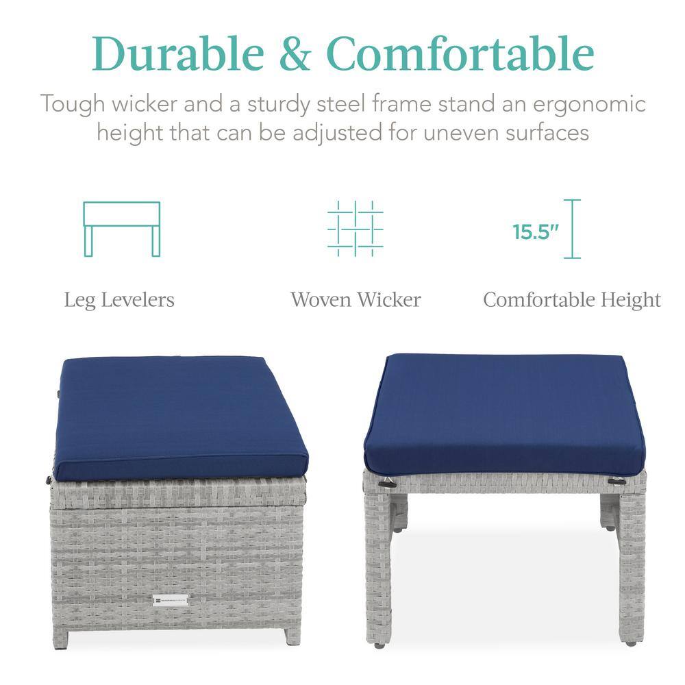 Coastal Gray & Navy Wicker Patio Ottomans with Cushions - Set of 2
