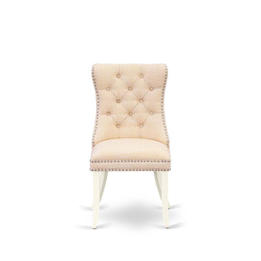 Linen White Round Pedestal Dining Table Set with Beige Upholstered Chairs