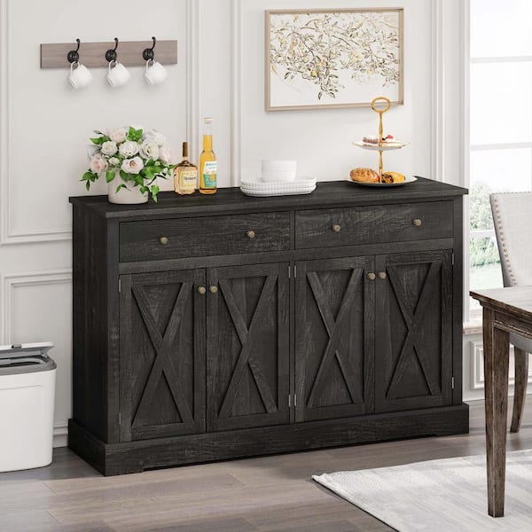Unbranded Antique Black 4-Door Kitchen Pantry Cabinet, Sideboard Buffet Cabinet with Adjustable Shelves, Room Storage Cabinet