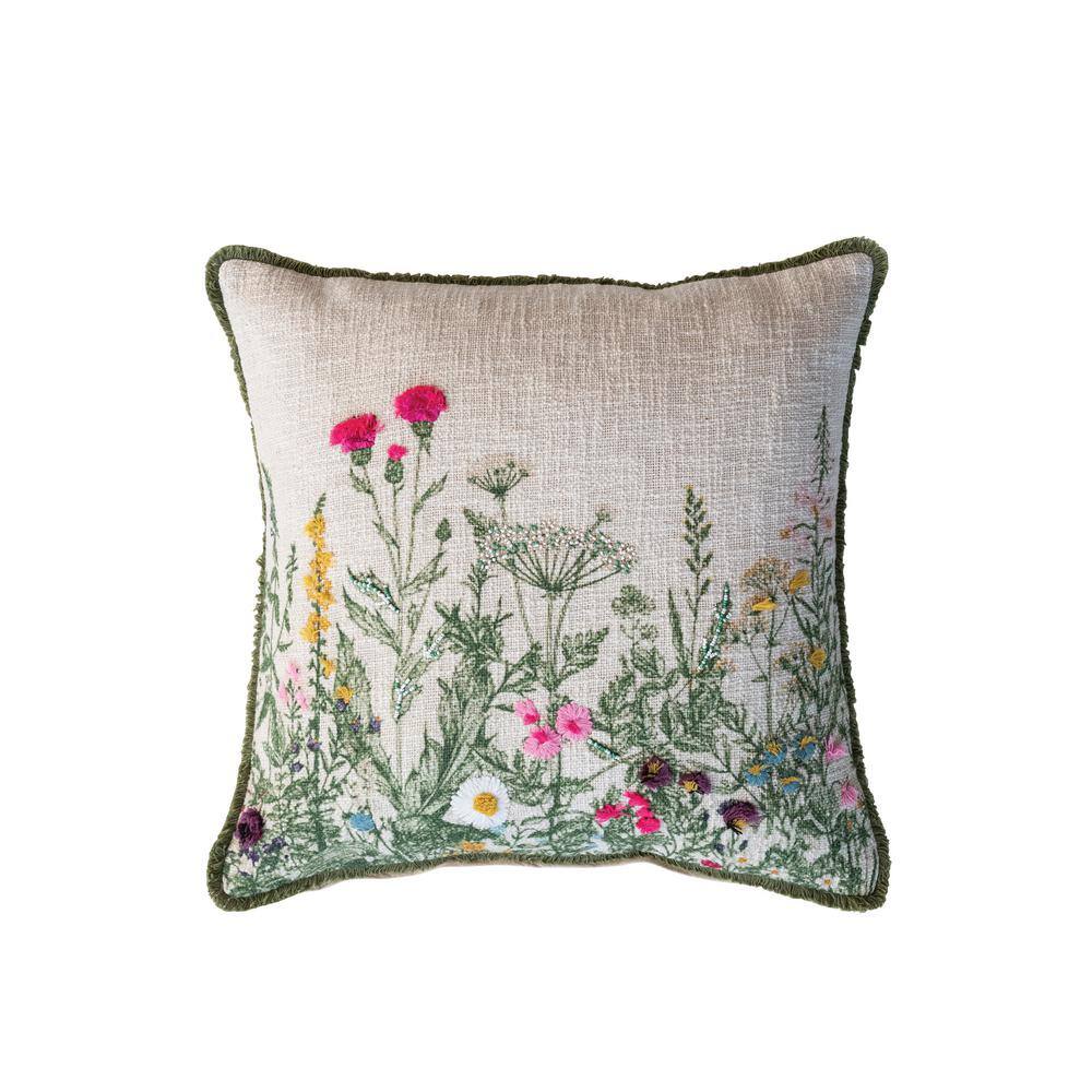 Multicolor Cotton Slub Embroidered Square Pillow