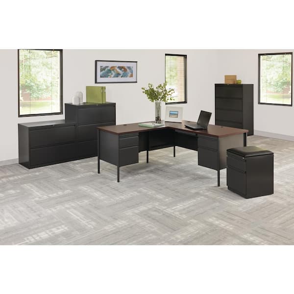 Hirsh 72 in. W x 66 in. D L Shape Putty/Oak 5-Drawer Executive Desk with Right Hand Return