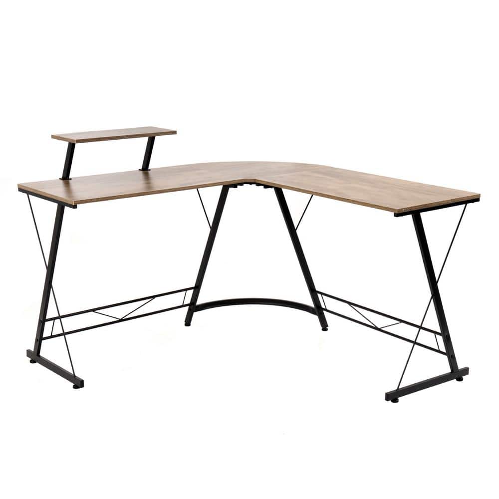 Sewn Oak Laminate and Black Steel L-Shape Home Office Desk