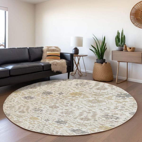 Mayfield Premium Machine Washable Abstract AMF1009 Ivory 8 ft. x 8 ft. Round Rug