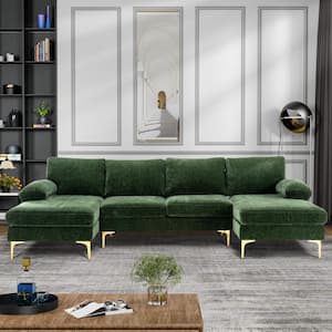 110.63 in W Round Arm 3-piece U Shaped Chenille Sectional Sofa & Chaise in Green
