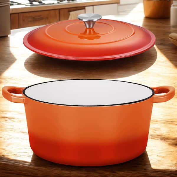 6 qt. Cast Iron Dutch Oven, Enameled Stock Pot with Lid, Non-Stick Round Cookware for Roasting, Stewing (Orange)