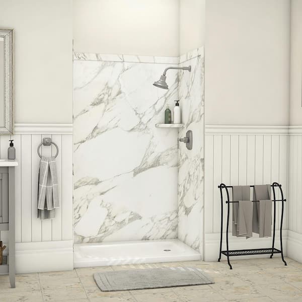 Elegance 36 in. x 48 in. x 80 in. 9-Piece Easy Up Adhesive Alcove Shower Wall Surround in Calacatta White Elegance 36 in. x 48 in. x 80 in. 9-Piece Easy Up Adhesive Alcove Shower Wall Surround in Calacatta White