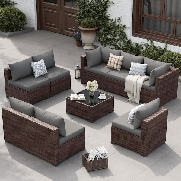 9 Piece Rattan Sectional Seating Group with Cushions Gray