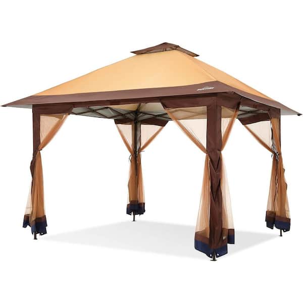 12 ft. x 12 ft. Brown Instant Pop Up Patio Gazebo with Full Netting for Family Parties