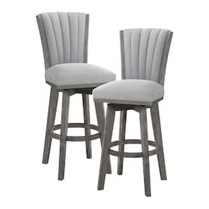 Laetitia 30.5 In. Wire Brushed Gray Finish High Back Wood Swivel Bar Height Stool with Gray Velvet Seat (Set of 2)