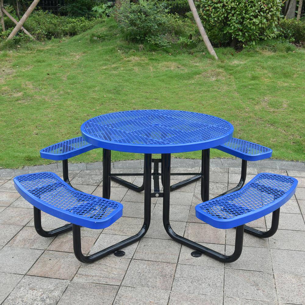46 in. Blue Round Steel Outdoor Picnic Table with Benches