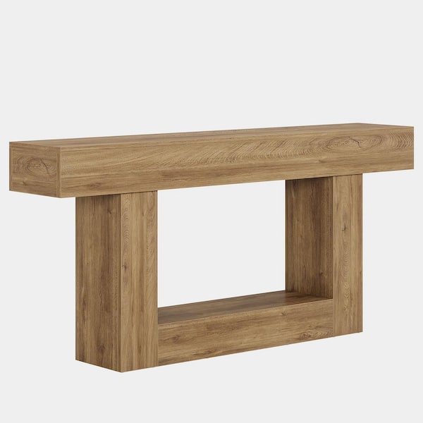 BYBLIGHT 63 in. Light Brown Rectangle Wood Console Table, Farmhouse 2-Tier Entryway Table with U-Shaped Base for Living Room