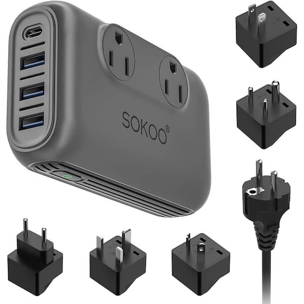 Lukyamzn Surge Protector Travel Adapter Voltage Converter 220V to 110V with 2-Outlet, 3 USB-A, 1 USB-C and 5 Different Plugs