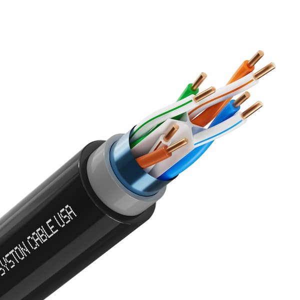 1000 ft. Cat 6a Shielded Direct Burial Ethernet Network Cable, 23 AWG Solid Bare Copper, Dual Jacket, 700MHz - Black