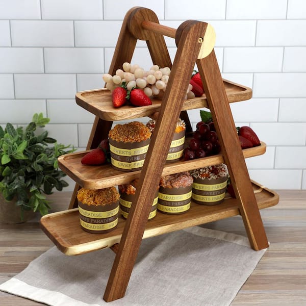Elama 3-Tier Brown Acacia Wood Rectangular Cake Stand Ladder Tray