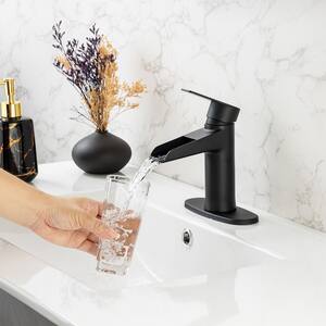 Single-Handle Single Hole Waterfall Bathroom Faucet with Pop-Up Drain and Supply Lines in Matte Black
