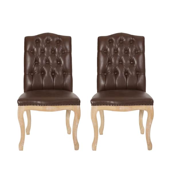 Noble House Lucy Dark Brown and Natural Faux Leather Tufted Dining Chairs (Set of 2)