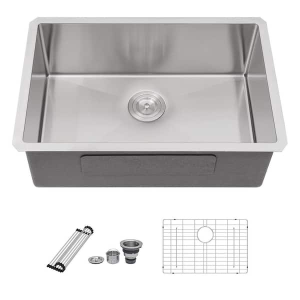 28 in. Drop-In Single Bowl 16 Gauge Brushed Nickel Stainless Steel Kitchen Sink and Bottom Grids