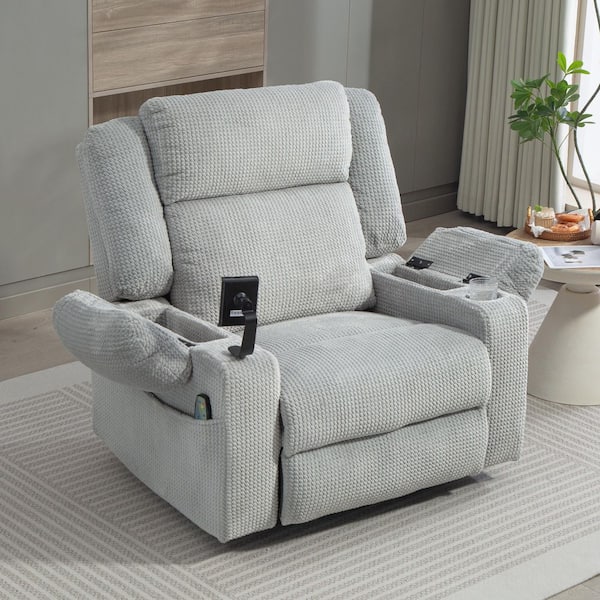 Gray Enhanced Dual-Motor Swivel Corduroy Recliner Rocking Chair with Massage and Heating, Headrest Adjustable