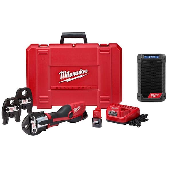 Milwaukee M12 12-Volt Lithium-Ion Force Logic 3/4 in. - 1 in. Copper Press Tool Kit with 3 Jaws Included and M12 BT Radio/Charger
