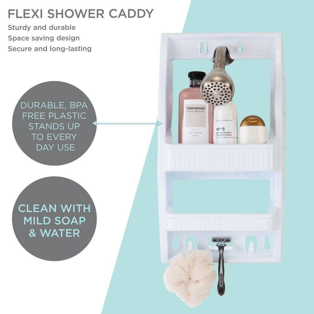 White Plastic Suction Mount Shower Organizer with Hooks