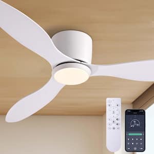 52 in. Smart Indoor White Low Profile 3-Blades Ceiling Fans with Lights with Remote Included