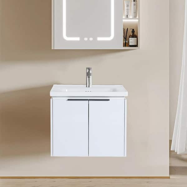 23.80 in. W x 18.50 in. D x 20.70 in. H Floating Wall-Mounted Bath Vanity in White with White Ceramic Top