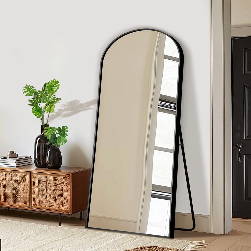 Black 32 in. W x 71 in. H Arch Metal Full Length Vanity Mirror with Stand f