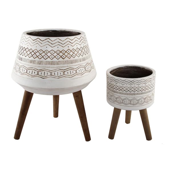 Flora Bunda 18 in. and 10 in. White Tribal Fiberglass Plant Pot on Wood Stand Mid-Century Planter (Set of 2)